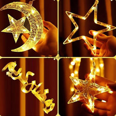 Ramadan Kareem Crescent Moon & Stars LED Curtain Fairy Lights – Warm White Festive Decoration