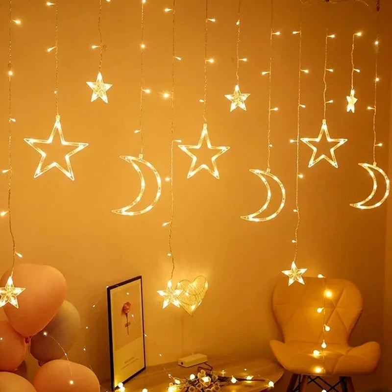 Crescent Moon Star LED String Curtain Lights – Warm White Home Decor