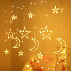 Crescent Moon Star LED String Curtain Lights – Warm White Home Decor