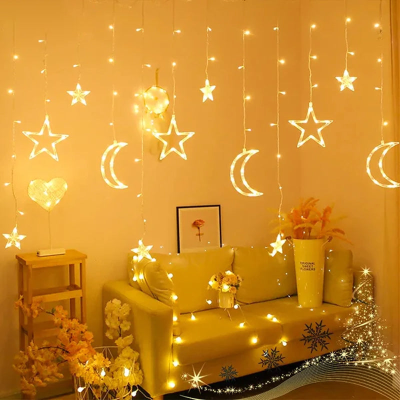 Crescent Moon Star LED String Curtain Lights – Warm White Home Decor