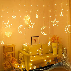 Crescent Moon Star LED String Curtain Lights – Warm White Home Decor
