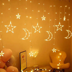 Crescent Moon Star LED String Curtain Lights – Warm White Home Decor