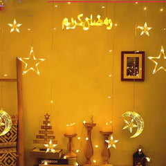 Ramadan Kareem Crescent Moon & Stars LED Curtain Fairy Lights – Warm White Festive Decoration