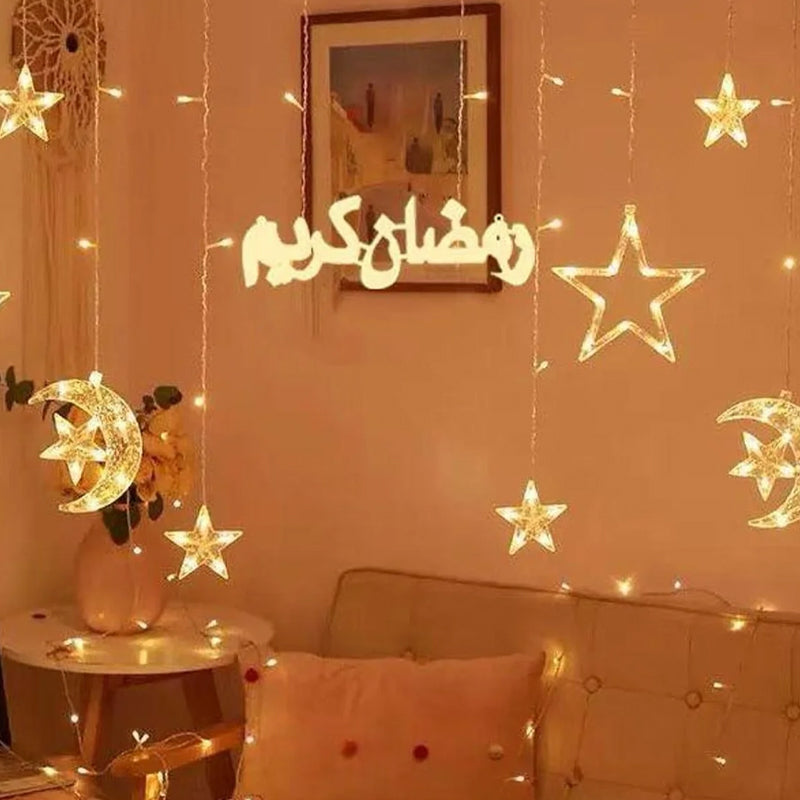 Ramadan Kareem Crescent Moon & Stars LED Curtain Fairy Lights – Warm White Festive Decoration